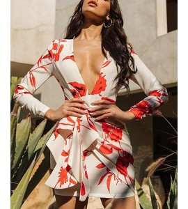 Floral Print Ruched Ruffles Backless Dress