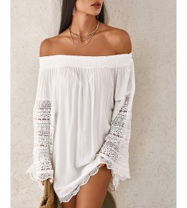 Scallop Lace Trim Bell Sleeve Casual Dress
