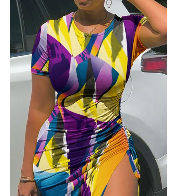 Color Short Sleeve Drawstring Ruched Slit ny Dress