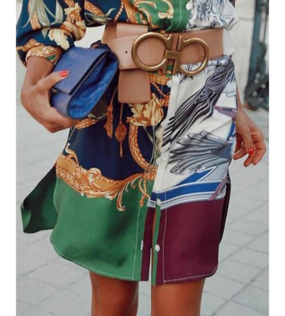 Colorful Print Side Slit Side Casual Women Shirt Dress