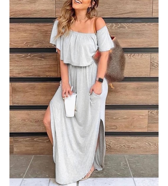 Solid Off Shoulder Ruffles Silit Casual Dress