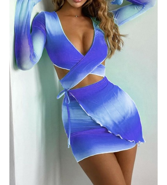 Ombre Bandage Cutout Crop Top & Frill Hem Skirt Set Suits V-Neck Hollow Out Top & ny Bottom
