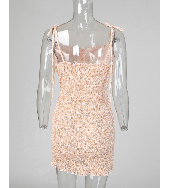 Floral Print Spaghetti Strap Shirring Dress
