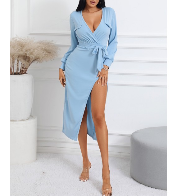 Lantern Sleeve Pocket Decor High Slit Maxi Dress