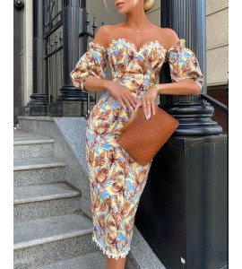 Floral Print Lace Trim Puff Sleeve Dress