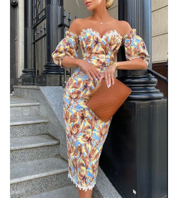 Floral Print Lace Trim Puff Sleeve Dress