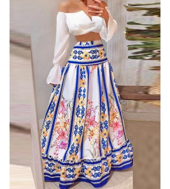 Off Shoulder Notched Flared Sleeves Crop Top & Floral Print Maxi Skirt Set