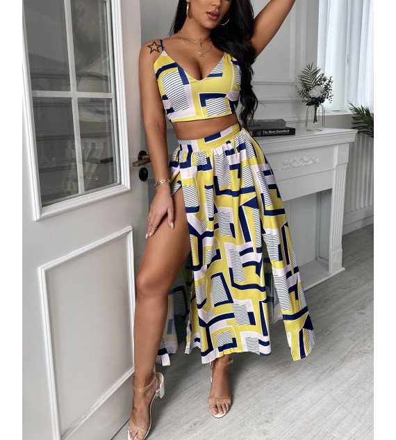 2 Pcs Crop Top & Maxi Skirt Set Sexy Color Women Sleeveless Vest & Geo Pattern High Slit Dress Suits