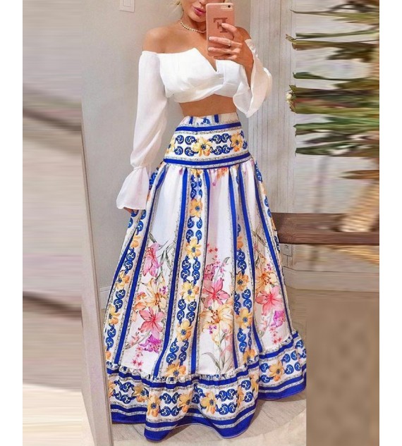 Off Shoulder Notched Flared Sleeves Crop Top & Floral Print Maxi Skirt Set