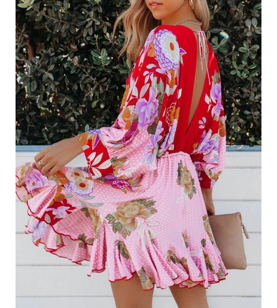 Floral Print Ruffles Hem Lantern Sleeve Casual Dress