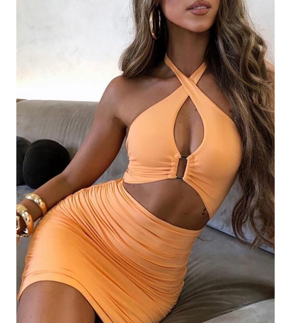 Halter Cutout Front Ruched Bodycon Dress