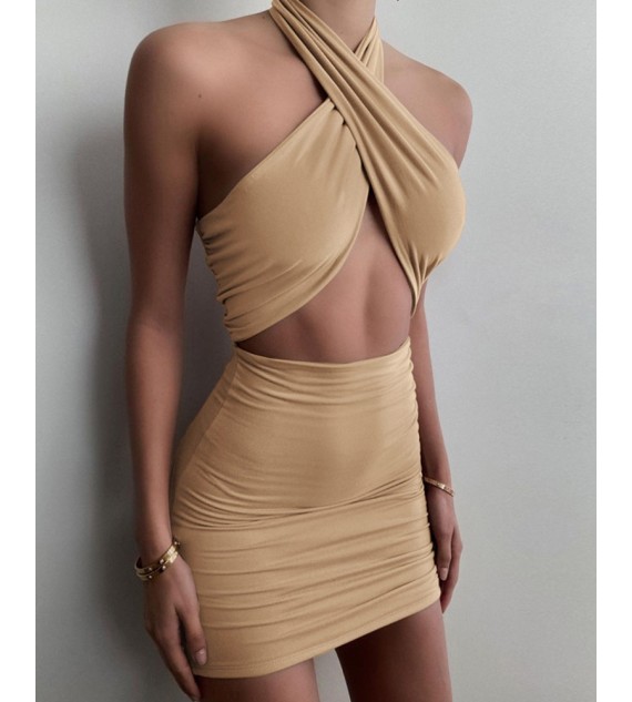 Solid Sleeveless Halter ny Cut-out Mini Dress