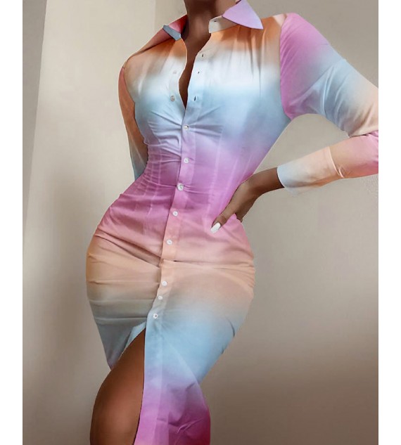 Ombre Color Buttoned ny Shirt Dress