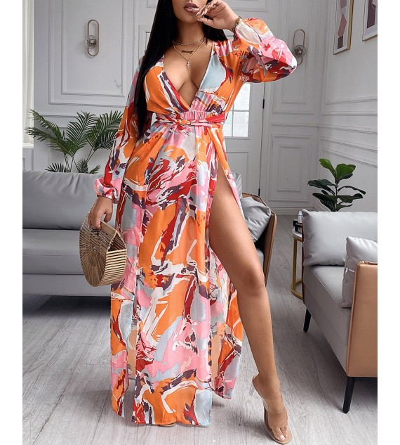 Color High Slit Plunge Lantern Sleeve Maxi Dress
