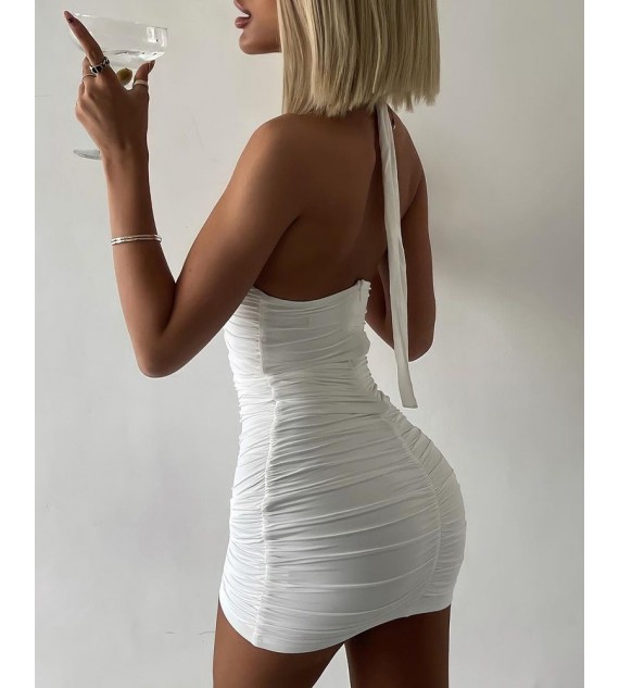Solid Color Halter Sleeveless Slinky Mini Dress