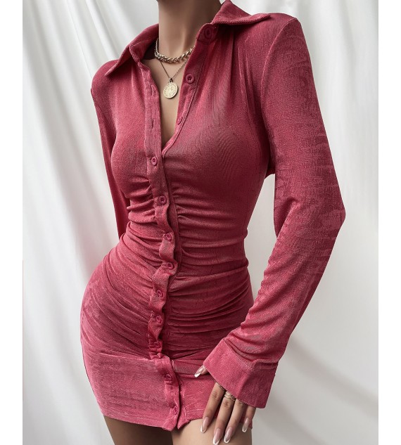Solid Button Up Ruched Mini Dress