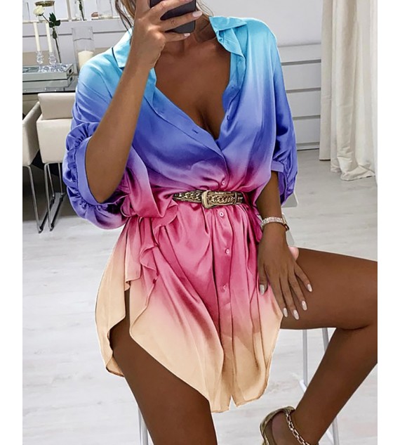 Half Sleeve Color Buttoned Shirt Dress
