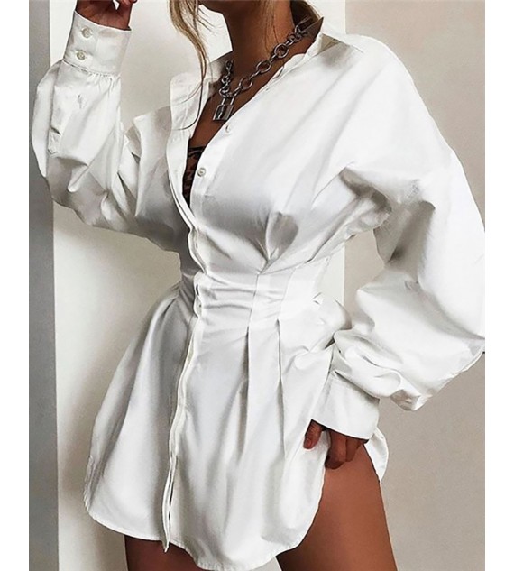 Lantern Sleeve Button Design Shirt Dress Without Corset