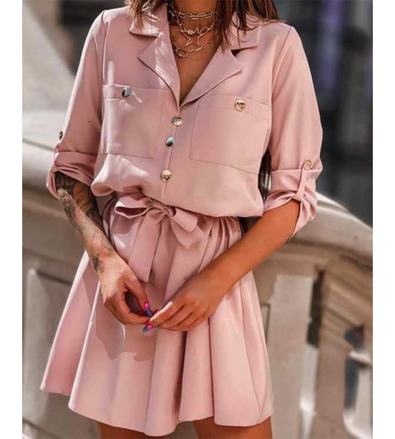 Notched Collar Button Decor Pocket Tie Front Culotte Tweed Dress