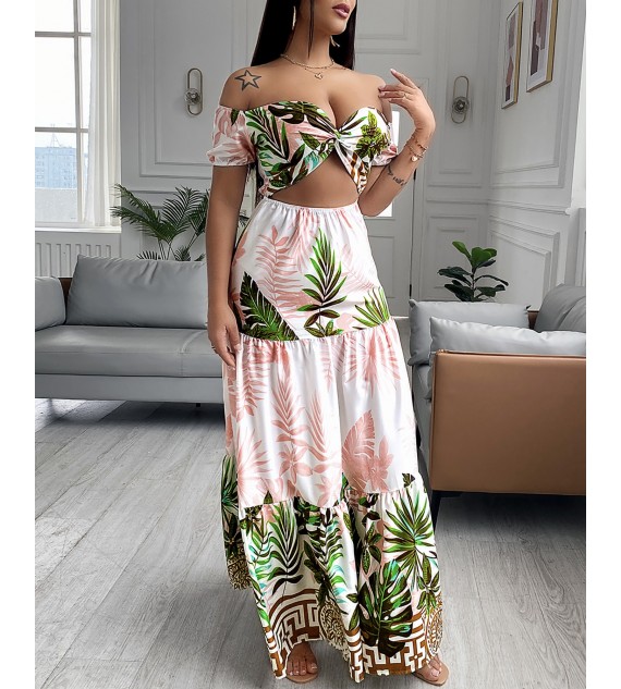 Tropical Print Hollow-out Design Off Shoulder V Neck Maxi Dress