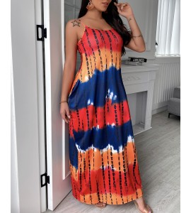 Tie Dye Printed Long Maxi Dress Spaghetti Strap Summer Casual  Beach Party Dress