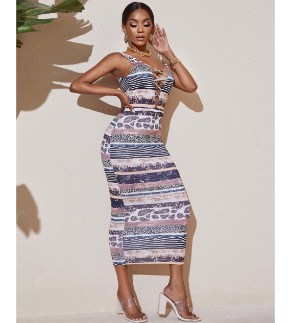 Lace-up Thick Strap Animal Print Dress