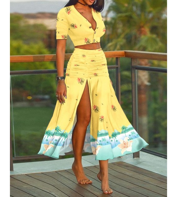 Floral Print Crop Top & Ruched Slit Skirt Sets