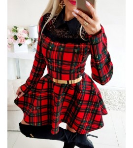 Eyelash Lace Plaid Long Sleeve Women Dress