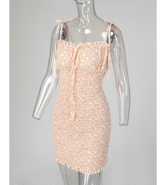 Floral Print Spaghetti Strap Shirring Dress