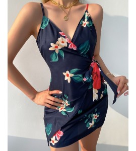 Floral Print V-Neck Wrap Tie Side Cami Dress