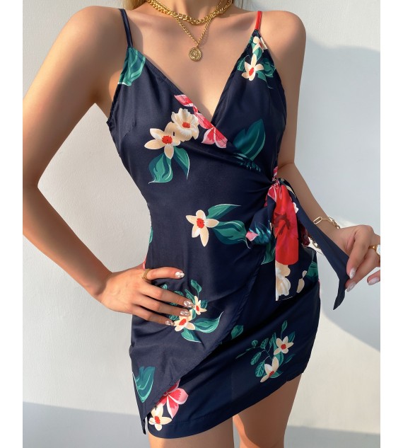 Floral Print V-Neck Wrap Tie Side Cami Dress