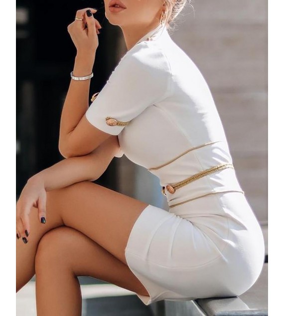 High Neck Button Strap Decor Bodycon Dress