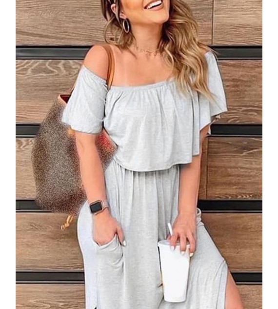 Solid Off Shoulder Ruffles Silit Casual Dress