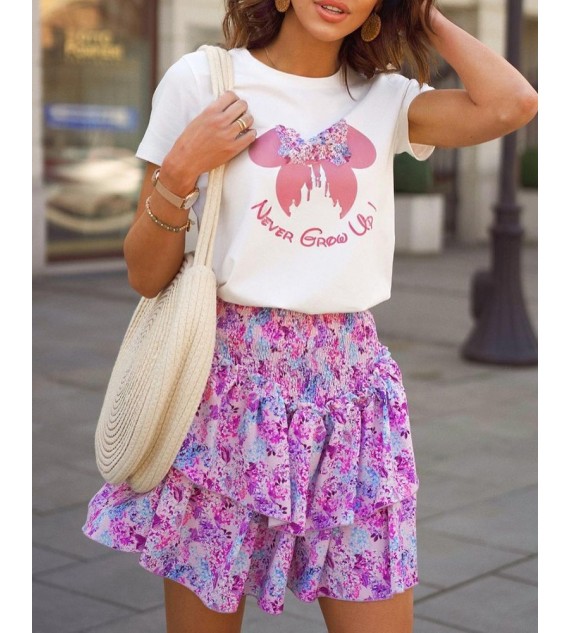 Letter Cartoon Print Top & Layered Ruffles Floral Print Skirt Set