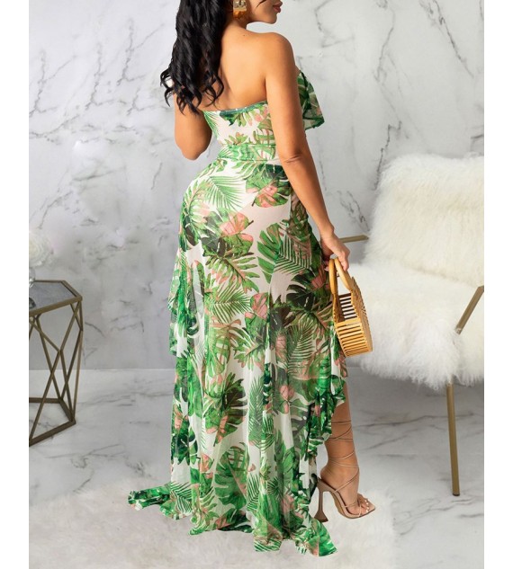 Tropical Print Ruffle Dip Hem Mesh Dress