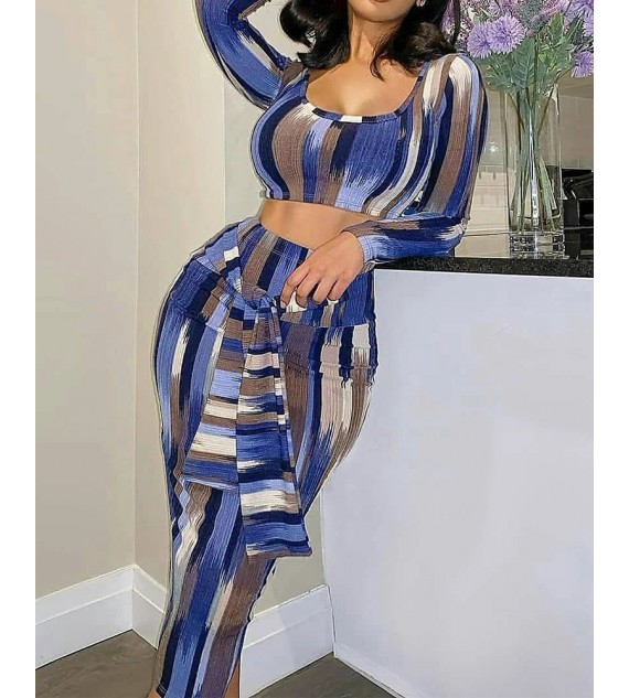 Striped U-Neck Long Sleeve Crop Top & Tie Front Skirt Set