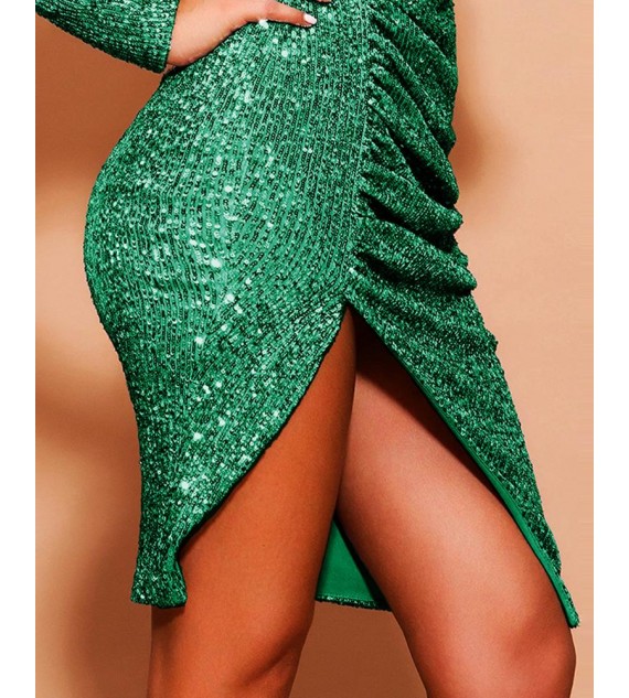 Glitter Cut Out Slit Ruched Sequins Dress