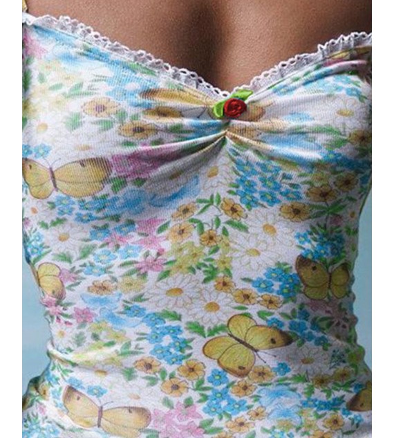 Butterfly Floral Print Tied Detail Frill Hem Dress