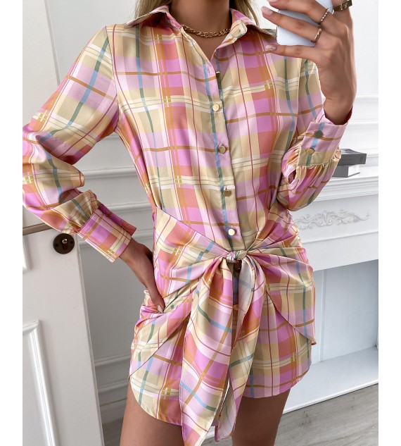 Plaid Print Tied Detail Buttoned Shirt Dress