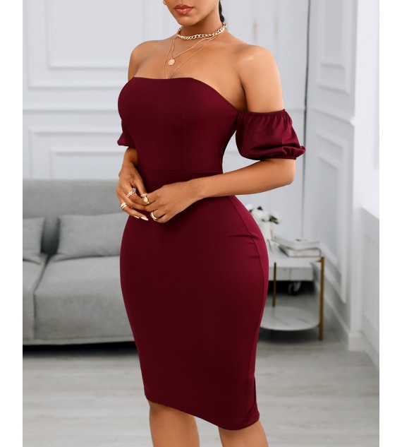 Off Shoulder Plain Zipper Design Back Slit Women Dress