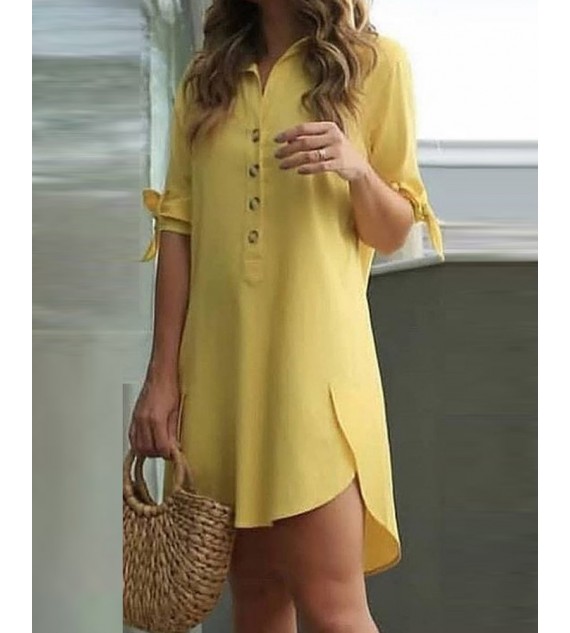Solid Color Button Front Curved Hem Lace-up Shirt Dress