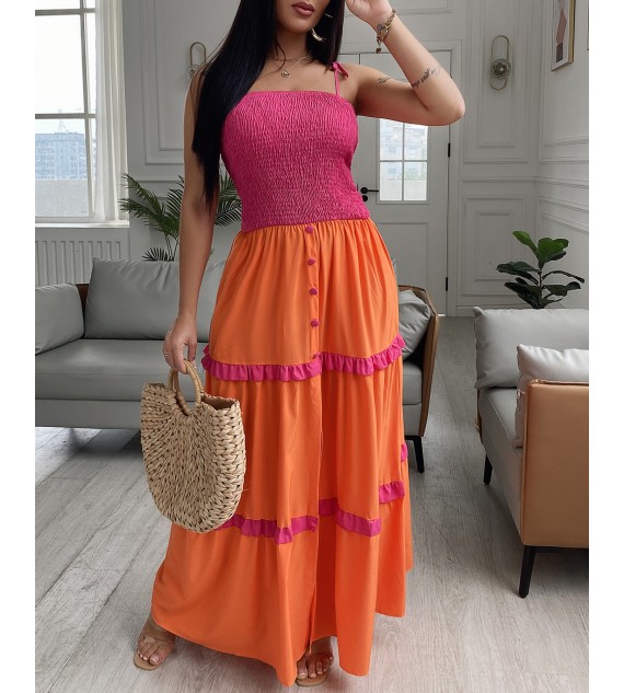 Shirred Frill Hem Buttoned Slit Color Maxi Dress