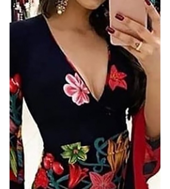 Plunge Bell Sleeve Floral Print Dress