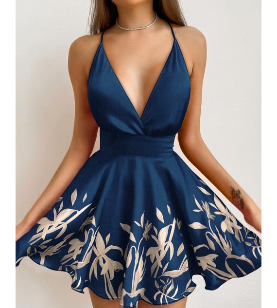 Floral Print Bowknot Tie Waist Plunging Neck Crisscross Backless Satin Cami Dress