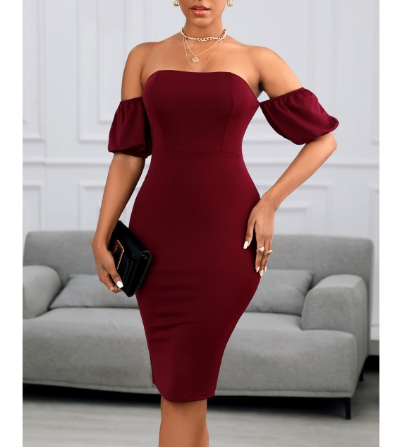 Off Shoulder Plain Zipper Design Back Slit Women Dress