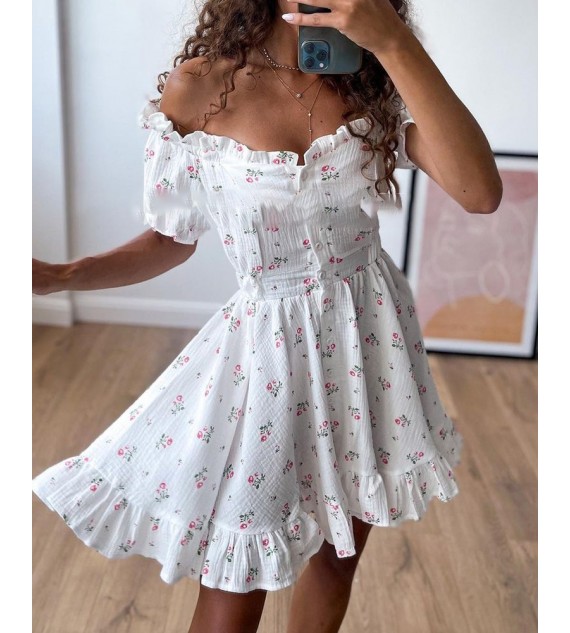 Off Shoulder Frill Hem Ditsy Floral Print Dress