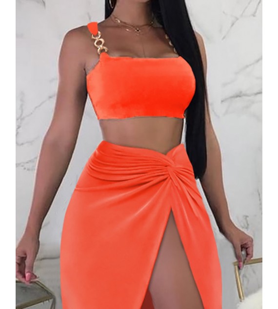 Chain Strap Crop Top & High Slit Twisted Skirt Set