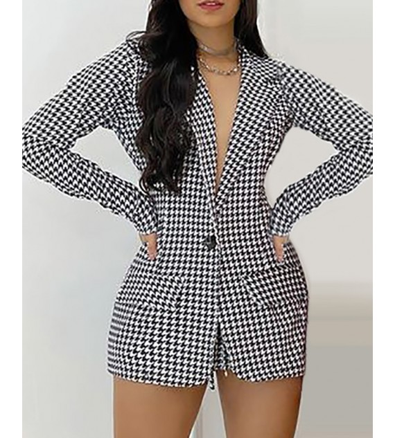 Plaid Print Buttoned Blazer Coat & Skirt Sets