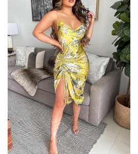 Satin Cowl Neck Drawstring Ruched Floral Print Dress
