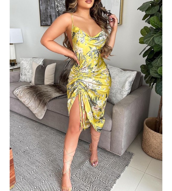 Satin Cowl Neck Drawstring Ruched Floral Print Dress